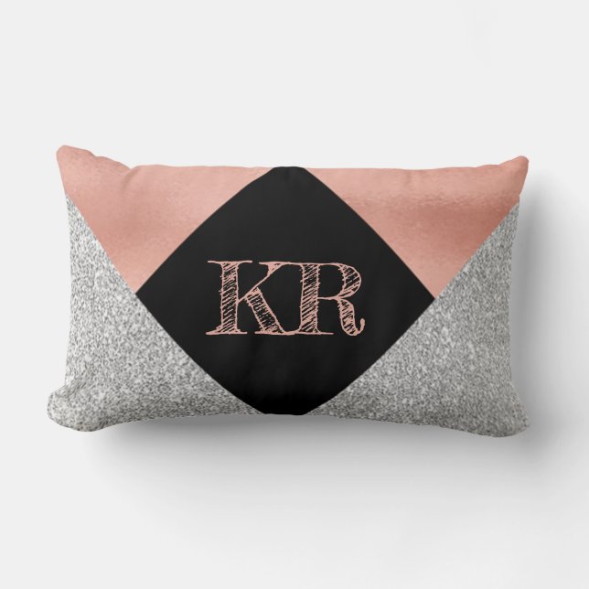 Elegant Hot Pink Silver Glitter Black Monogram  Lumbar Cushion (Front)