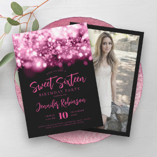 Elegant Hot Pink Sparkle Lights Photo Sweet 16   Invitation