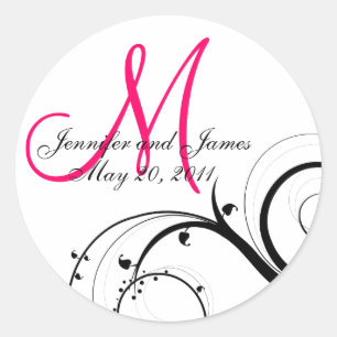 Elegant Hot Pink Swirl Monogram Wedding Sticker