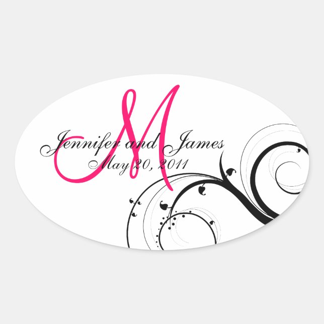 Elegant Hot Pink Swirl Monogram Wedding Stickers (Front)
