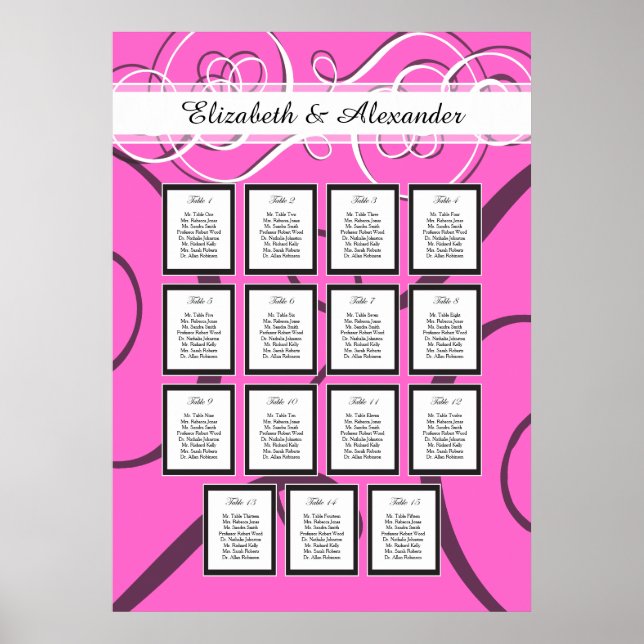 Elegant Hot Pink Wedding 15 Table Seating Chart (Front)