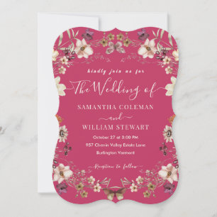 Elegant Hot Pink Wildflower Modern Wedding Invitation