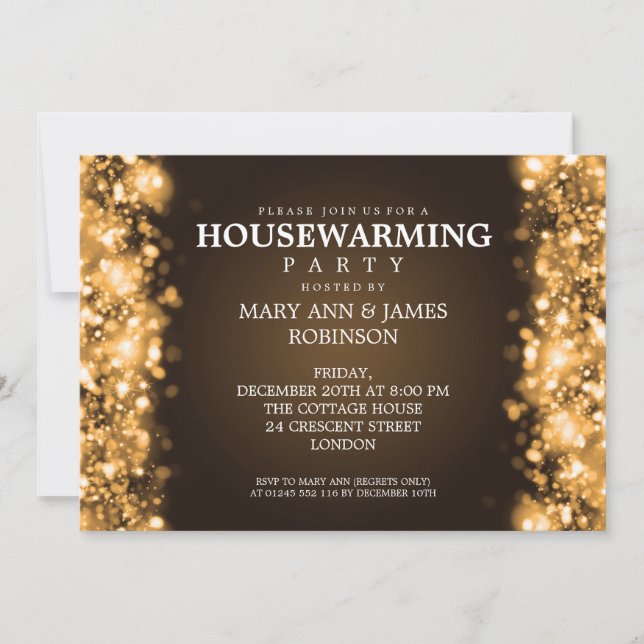 Elegant Housewarming Party Gold Sparkling Lights Invitation (Front)