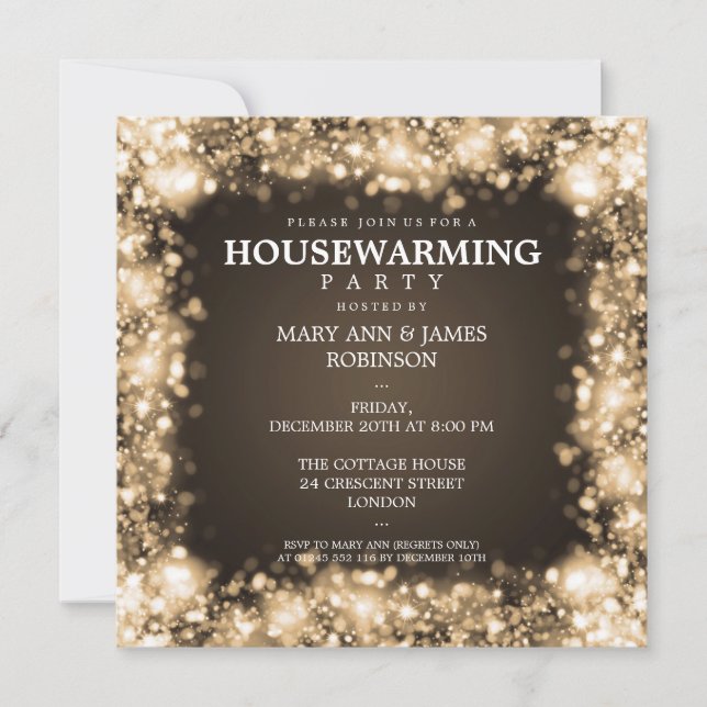 Elegant Housewarming Party Gold Sparkling Lights Invitation (Front)