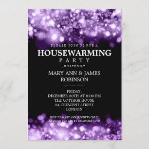 Elegant Housewarming Party Purple Sparkling Lights Invitation