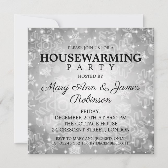 Elegant Housewarming Party Silver Winter Bokeh Invitation (Front)