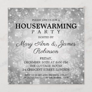 Elegant Housewarming Party Silver Winter Bokeh Invitation