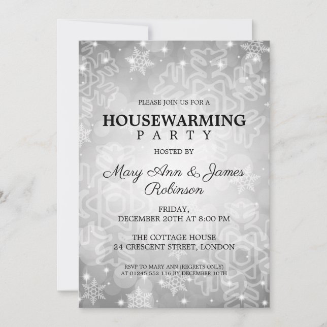 Elegant Housewarming Party Silver Winter Bokeh Invitation (Front)