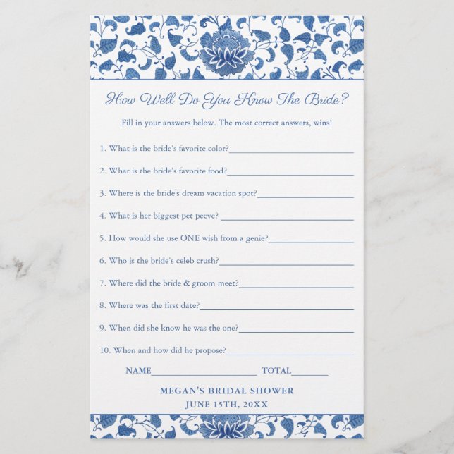Elegant How Well Do You Know The Bride Shower Game (Front)