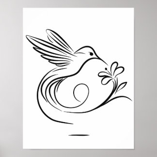 Elegant Hummingbird and Flower Line Art Wall Poster