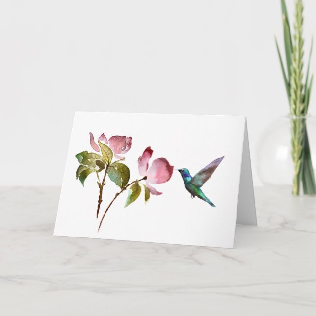 Elegant Hummingbird and Watercolor Flowers Card (Front)