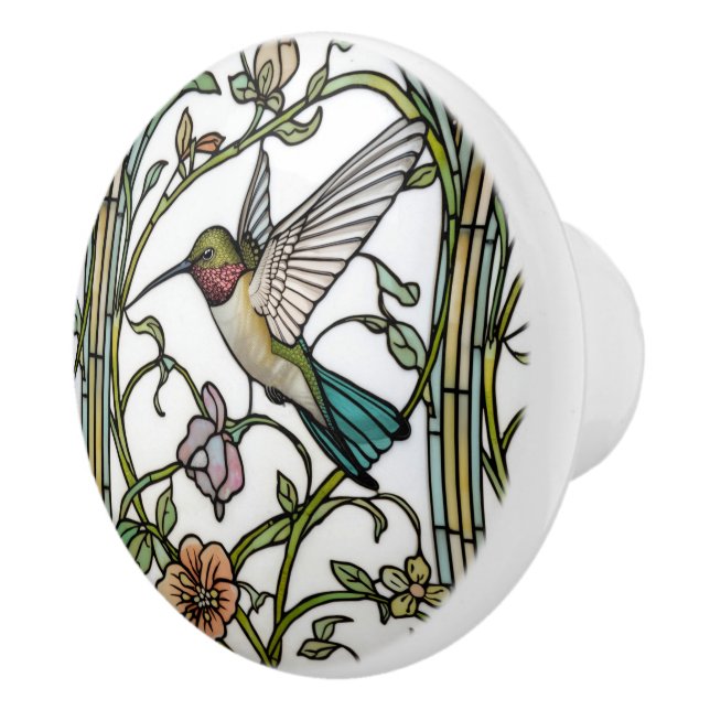 Elegant hummingbird artwork botanical boho chic ceramic knob (Right)