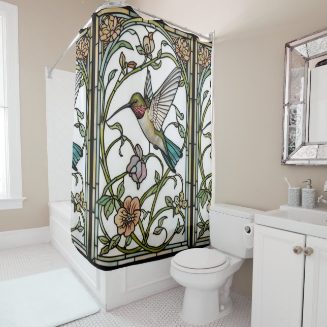Elegant hummingbird artwork botanical boho chic shower curtain (In Situ)