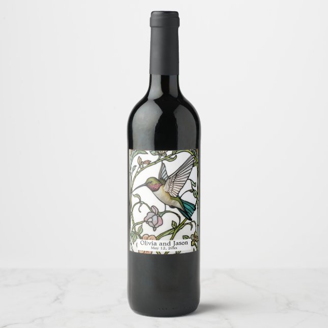 Elegant hummingbird artwork botanical boho chic wine label (Front)