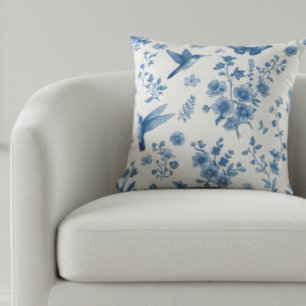 Elegant Hummingbird Butterfly Floral Blue Toile Cushion