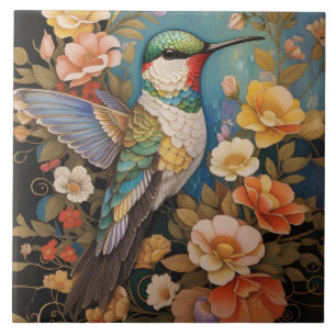 Elegant Hummingbird Floral Ceramic Tile