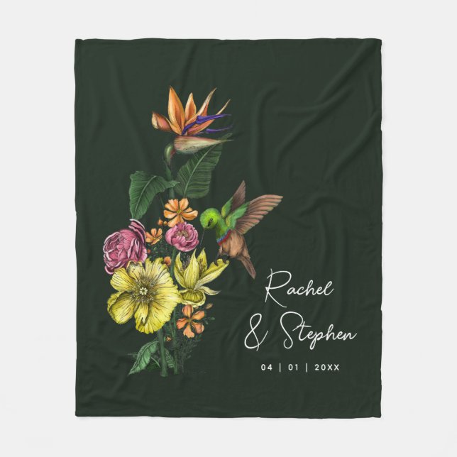 Elegant Hummingbird Floral Wedding Anniversary Fleece Blanket (Front)