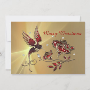 Elegant Hummingbird Red Floral  Christmas Flat Holiday Card
