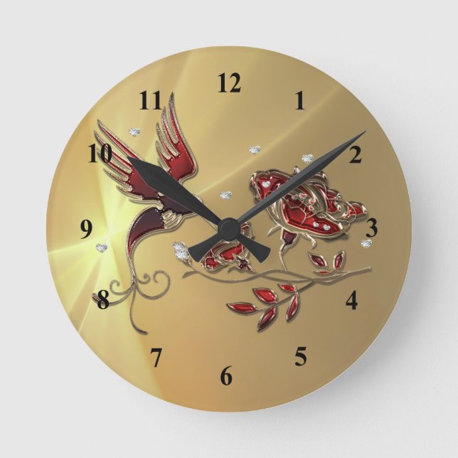 Elegant Hummingbird Red Floral Graphic Round Clock (Front)