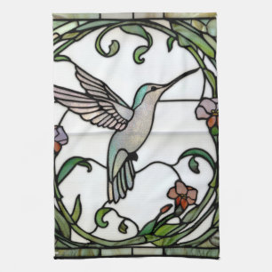 Elegant hummingbird stain glass art design tea towel