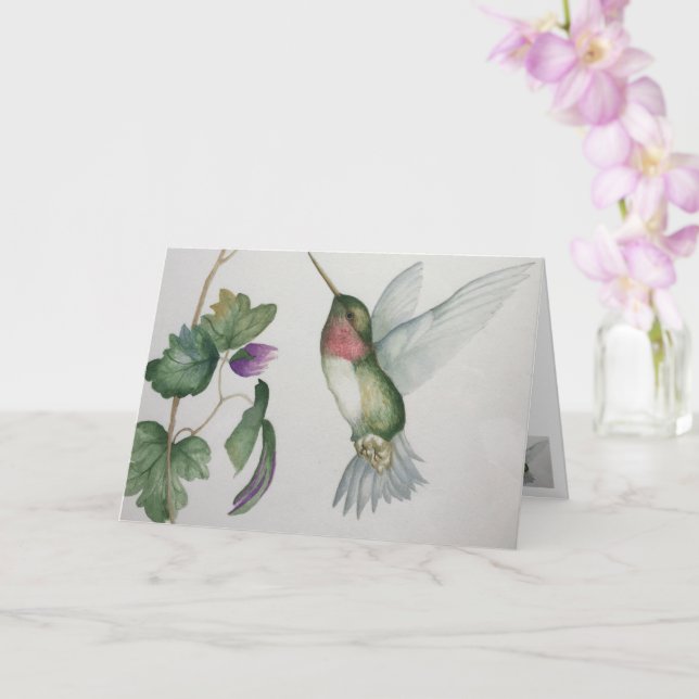 Elegant Hummingbird Watercolor Blank Greeting Card (Orchid)