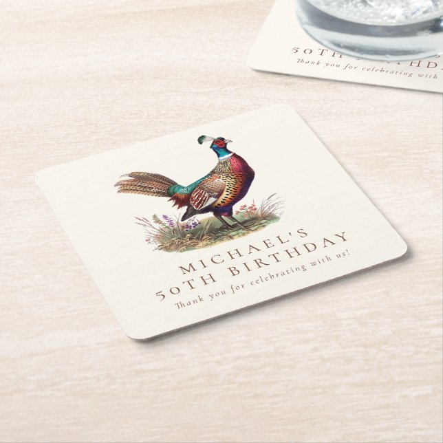 Elegant Hunting Pheasant Adult 50th Birthday Party Square Paper Coaster (Angled)