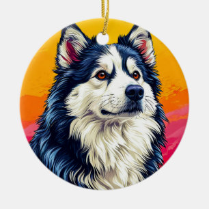 Elegant Husky Portrait with Vibrant Sunset Ceramic Ornament
