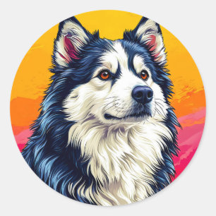 Elegant Husky Portrait with Vibrant Sunset Classic Round Sticker