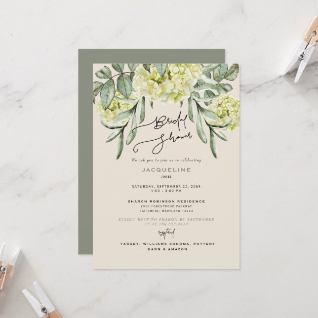 Elegant Hydrangea Beige & Sage Bridal Shower  Invitation (Front/Back In Situ)