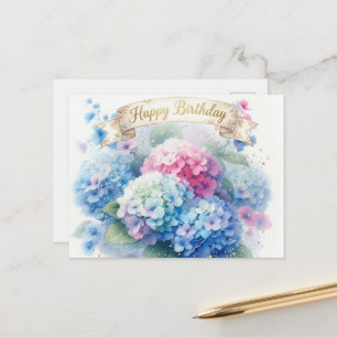 Elegant Hydrangea Blooms Happy Birthday Postcard