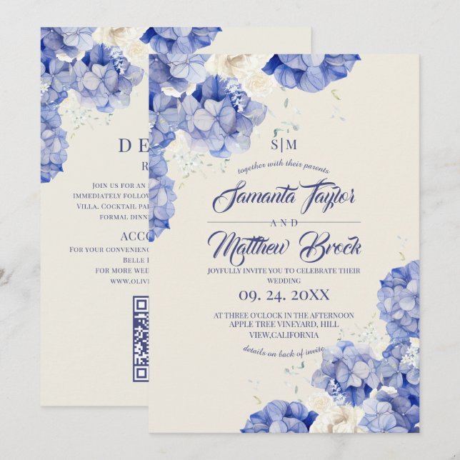 Elegant Hydrangea Blue Ivory Wedding Invitation (Front/Back)