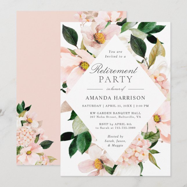 Elegant Hydrangea Blush Floral Retirement Party Invitation (Front/Back)