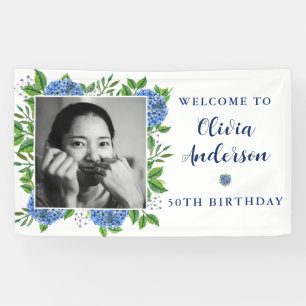 Elegant Hydrangea Custom Photo 50th Birthday Party Banner