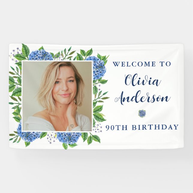 Elegant Hydrangea Custom Photo 90th Birthday Party Banner (Horizontal)
