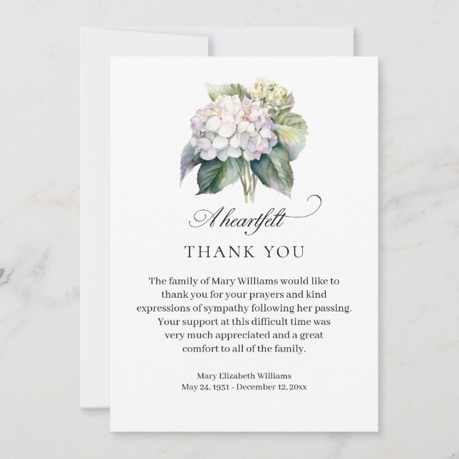 Elegant Hydrangea Floral Funeral Thank You (Front)