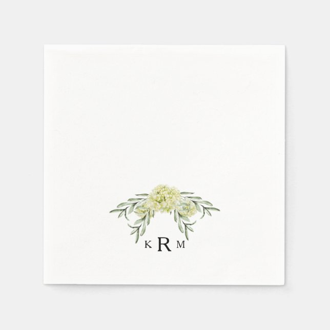 Elegant Hydrangea Foliage Monogram Cocktail Napkin (Front)