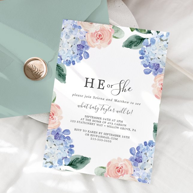 Elegant Hydrangea He or She Gender Reveal Party Invitation (Creator Uploaded)
