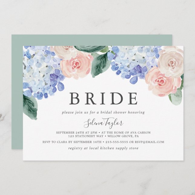 Elegant Hydrangea Horizontal Bride Bridal Shower Invitation (Front/Back)