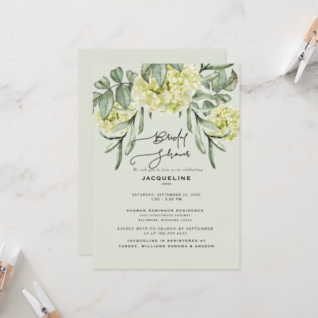 Elegant Hydrangea Mint Bridal Shower Invitation (Front/Back In Situ)