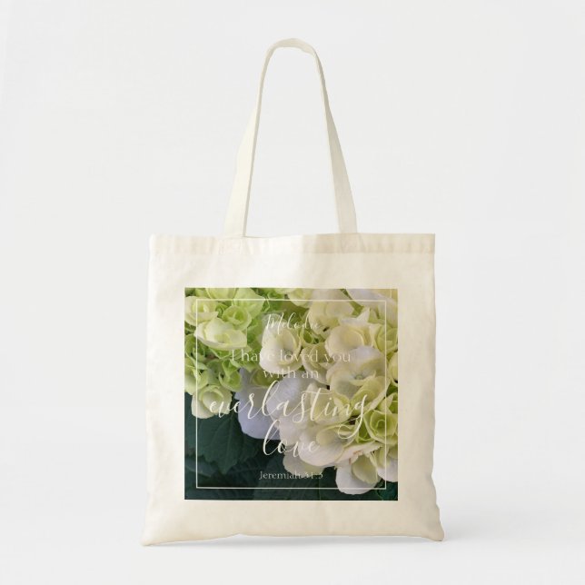 Elegant Hydrangea Monogram Custom Love Bible Verse Tote Bag (Front)