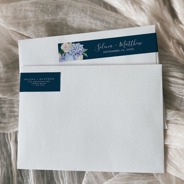 Elegant Hydrangea Navy Wedding Wrap Around Label (Creator Uploaded)