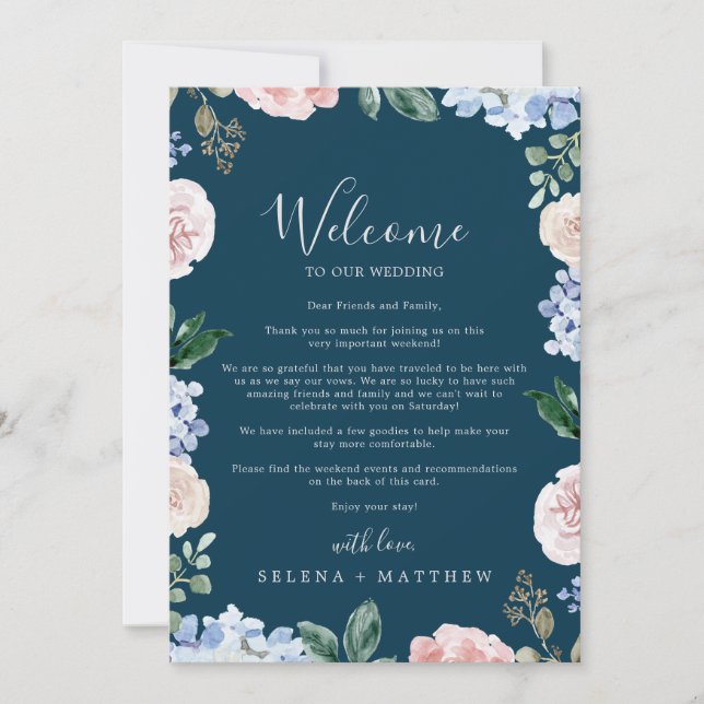 Elegant Hydrangea Navy Welcome Letter & Itinerary (Front)
