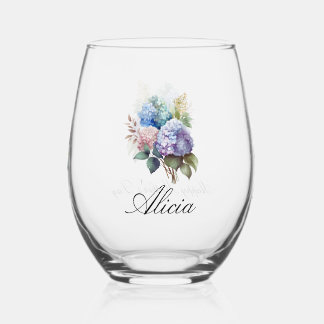 Elegant Hydrangea Personalise Stemless Wine Glass
