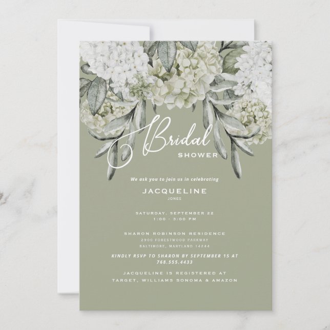 Elegant Hydrangea Sage Bridal Shower Invitation (Front)