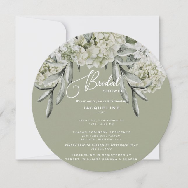 Elegant Hydrangea Sage Round Bridal Shower Invitation (Front)