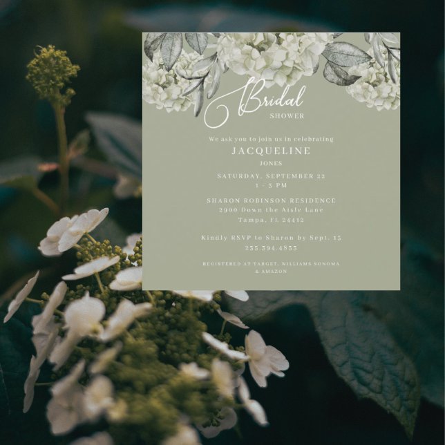 Elegant Hydrangea Sage Square Bridal Shower II Invitation (Creator Uploaded)