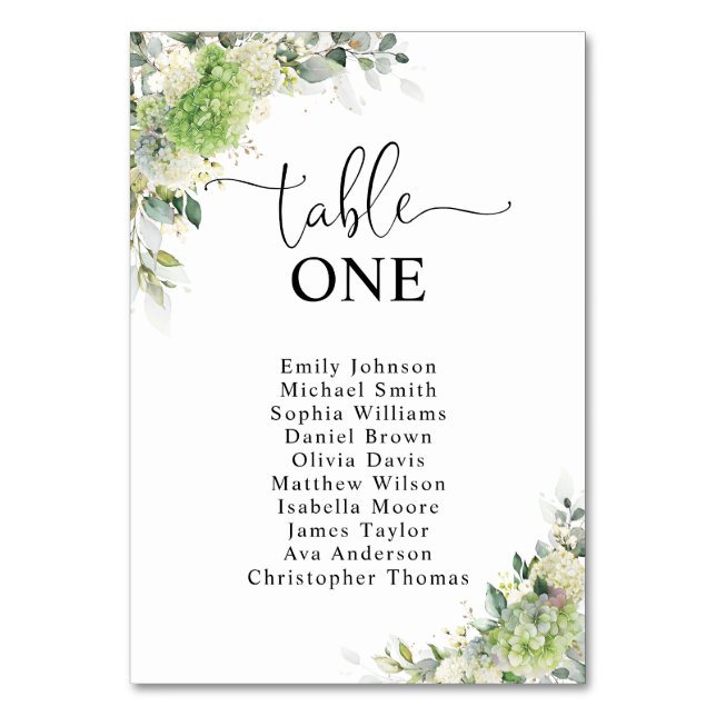 Elegant Hydrangeas Table Number Seating Chart (Front)