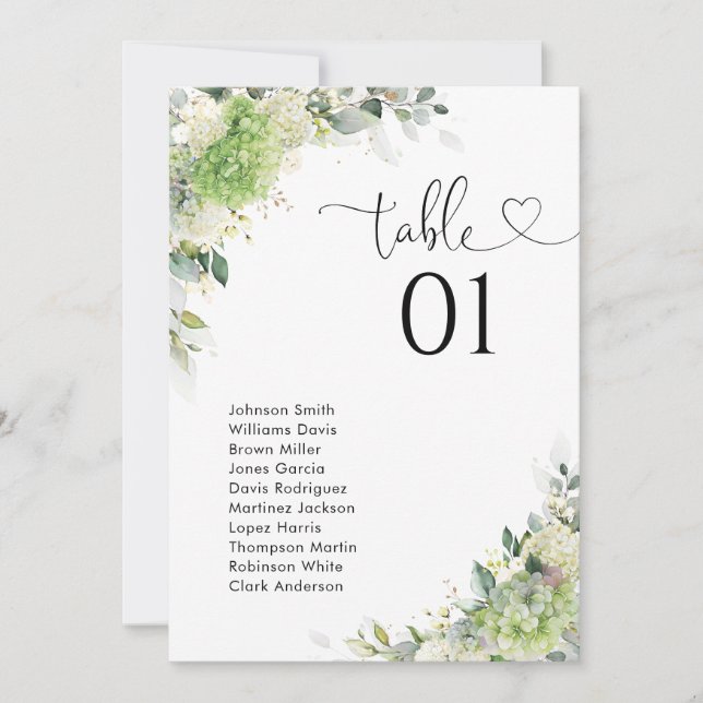 Elegant Hydrangeas Table Number Seating Chart (Front)
