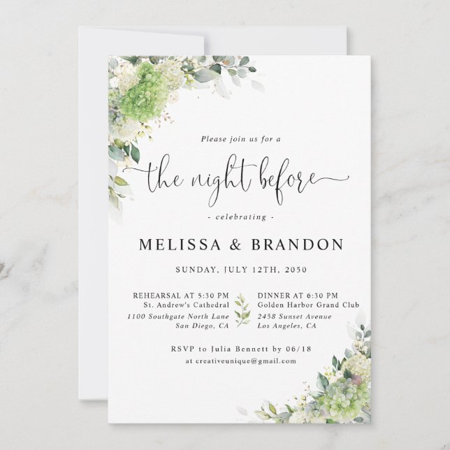 Elegant Hydrangeas Wedding The Night Before  Invitation (Front)