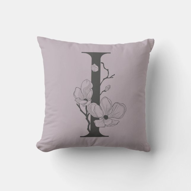 Elegant I Boho Floral Monogram Initial Lilac Grey Cushion (Front)